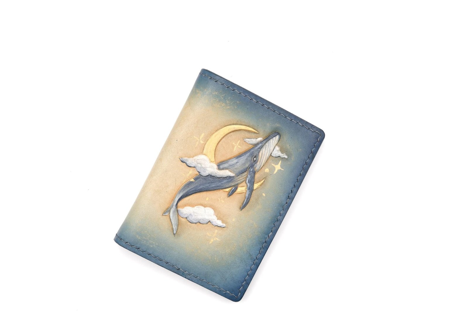 Mini Leather Wallet with Hand-Carved Whale & Moon – Ocean-Inspired Leather Wallet, Dreamy Sky Marine Art - Image 3