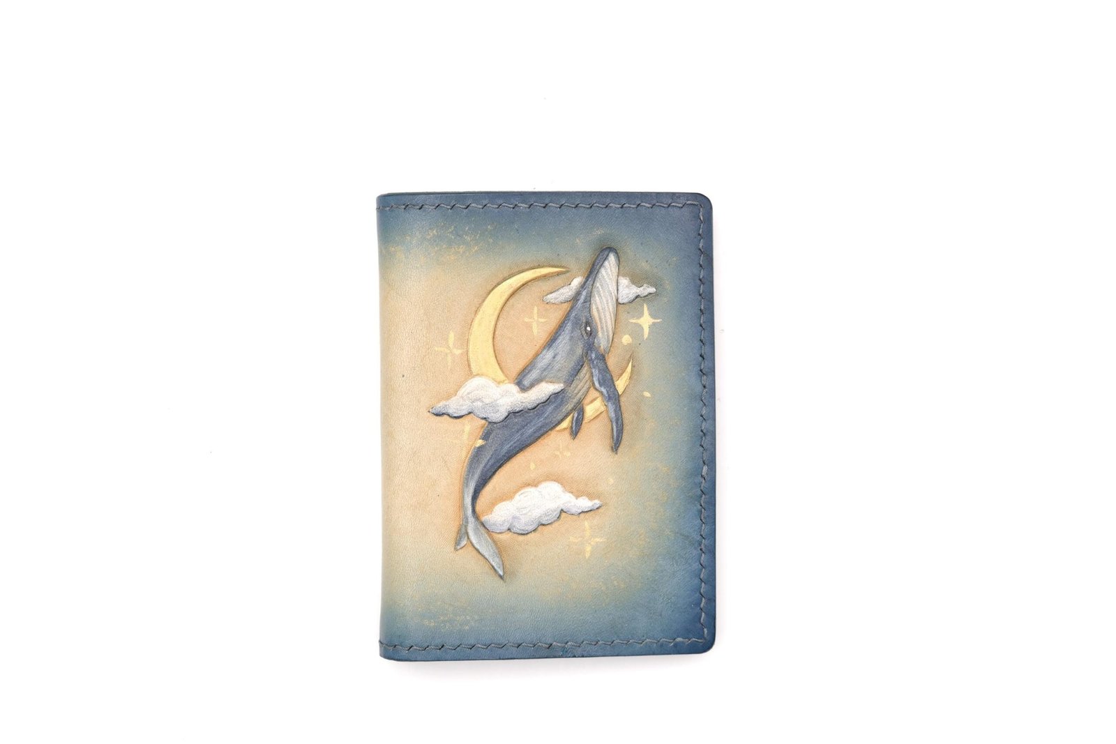 Mini Leather Wallet with Hand-Carved Whale & Moon – Ocean-Inspired Leather Wallet, Dreamy Sky Marine Art