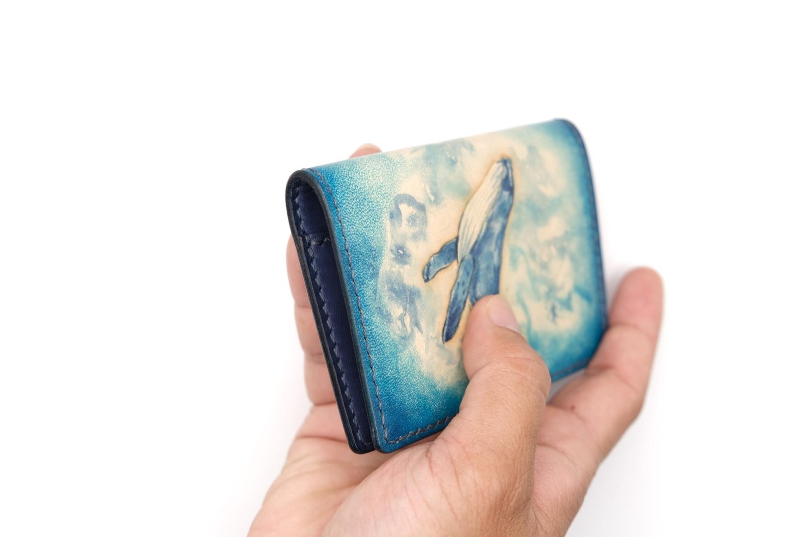 Mini Leather Wallet with Hand-Carved Whale – Blue Ocean Slim Wallet, Gift for Ocean Lovers - Image 6