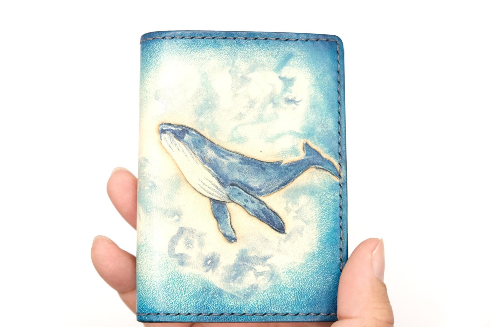 Mini Leather Wallet with Hand-Carved Whale – Blue Ocean Slim Wallet, Gift for Ocean Lovers - Image 2