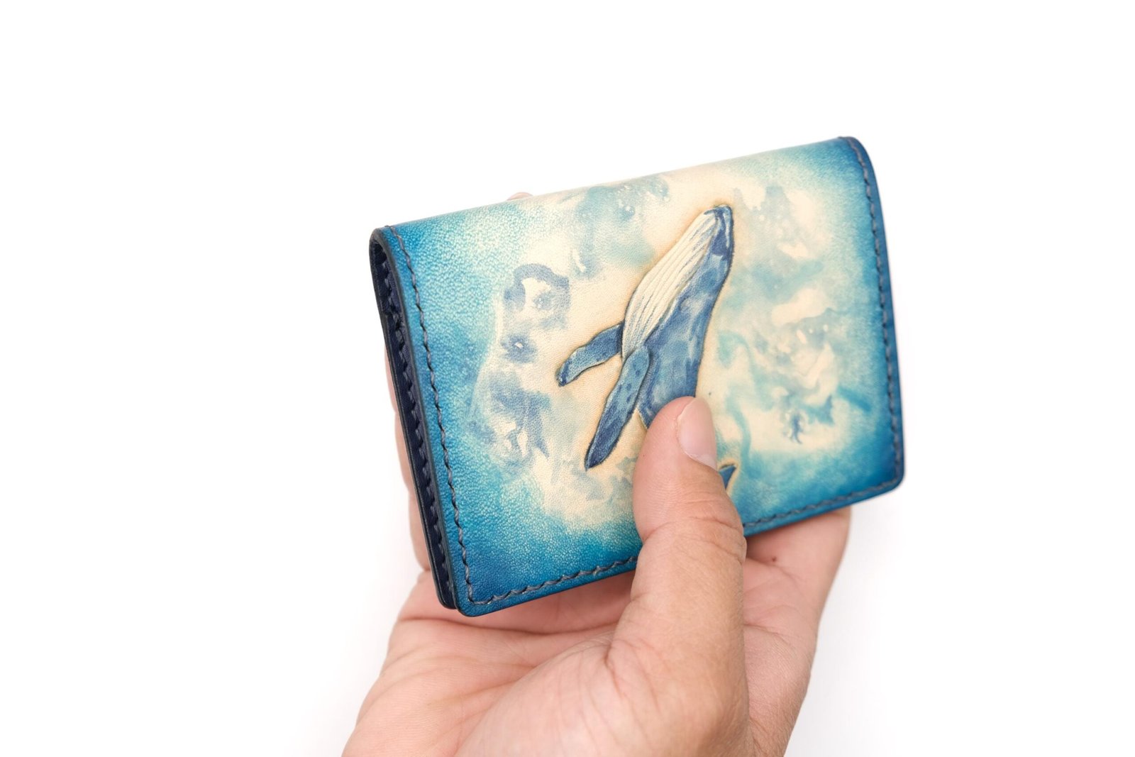 Mini Leather Wallet with Hand-Carved Whale – Blue Ocean Slim Wallet, Gift for Ocean Lovers - Image 7