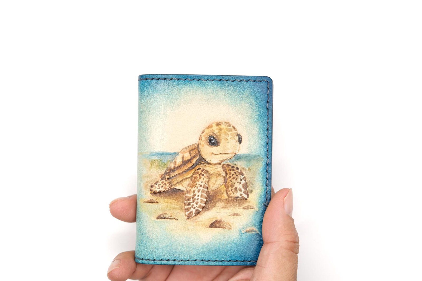 Mini Leather Wallet with Baby Sea Turtle – Hand-Carved Honu Slim Wallet, Ocean Wildlife Art - Image 4