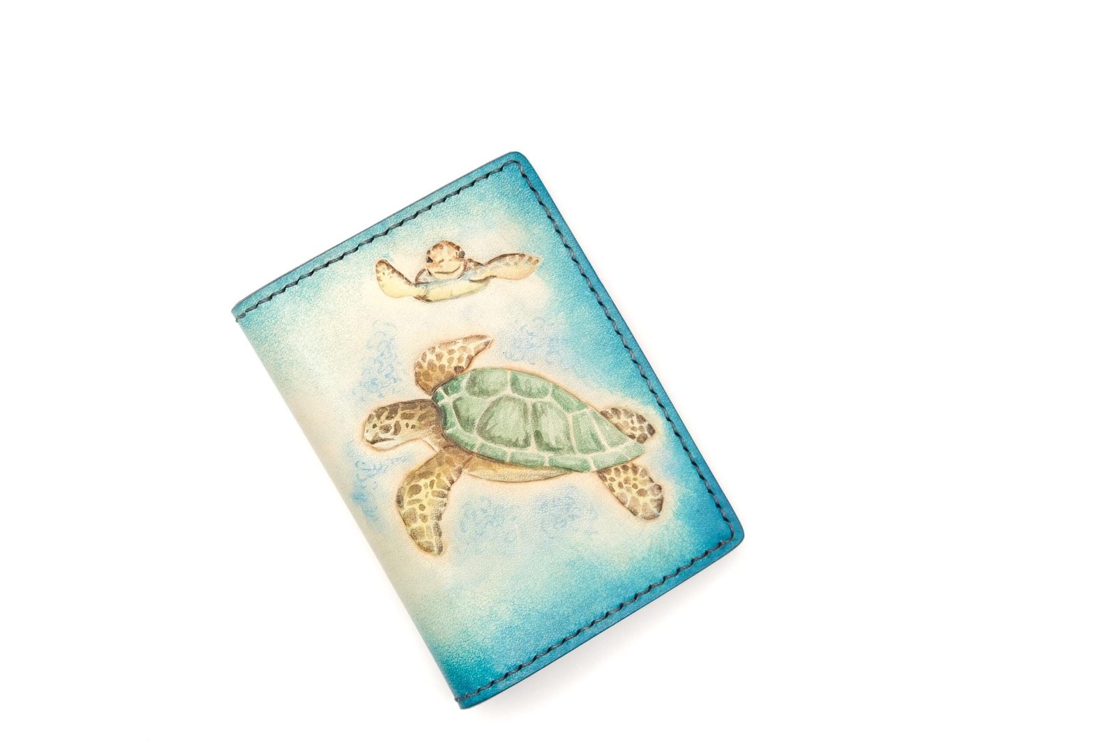 Mini Leather Wallet with Hand-Carved Sea Turtle and Baby – Honu Wallet, Ocean Lover Gift - Image 3
