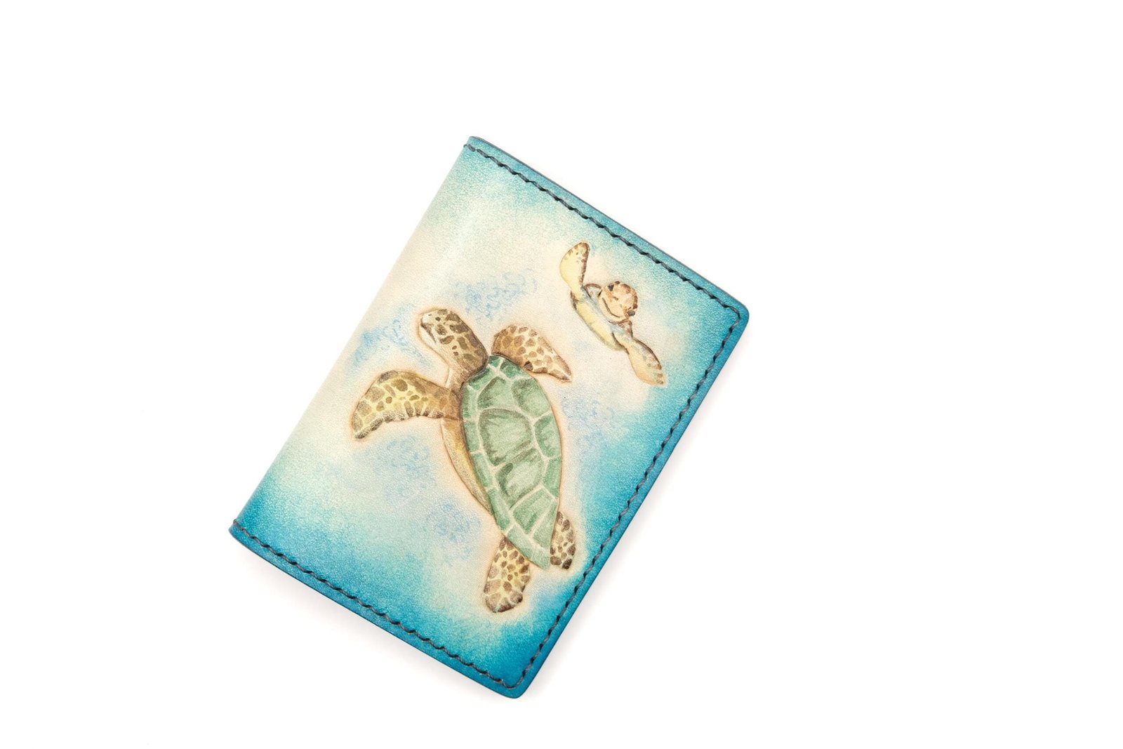 Mini Leather Wallet with Hand-Carved Sea Turtle and Baby – Honu Wallet, Ocean Lover Gift - Image 2