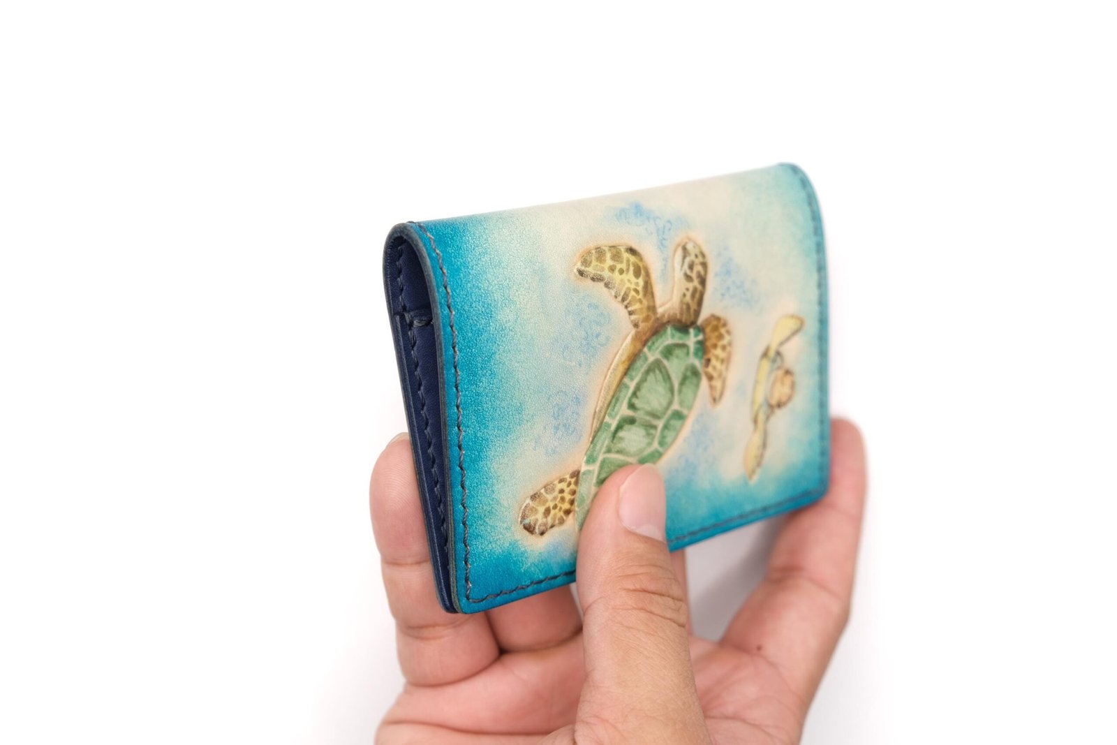 Mini Leather Wallet with Hand-Carved Sea Turtle and Baby – Honu Wallet, Ocean Lover Gift - Image 6