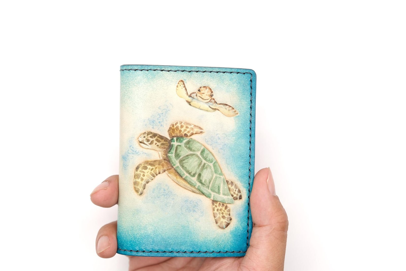 Mini Leather Wallet with Hand-Carved Sea Turtle and Baby – Honu Wallet, Ocean Lover Gift - Image 5