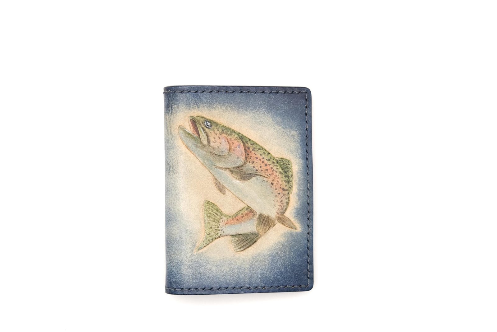 Mini Leather Wallet with Hand-Carved Rainbow Trout – Handmade Gift for Fishermen