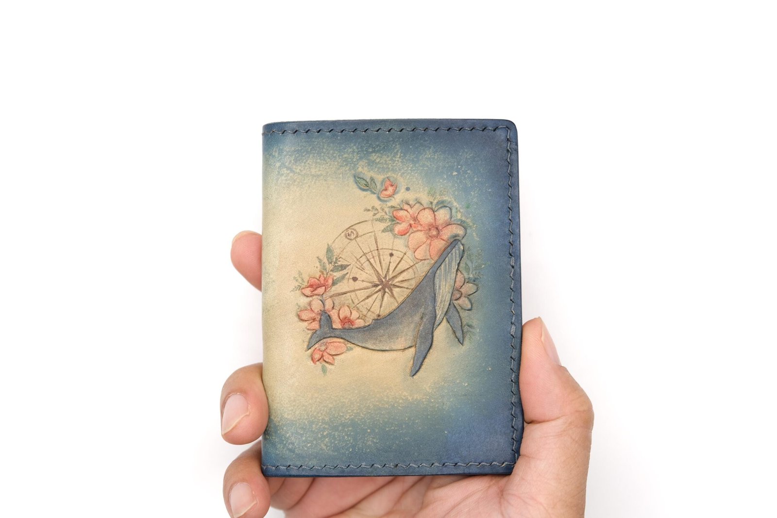Mini Leather Wallet with Hand-Carved Whale and Compass Design – Ocean Theme Handmade Wallet - Unique Gift for Men Women - Image 5