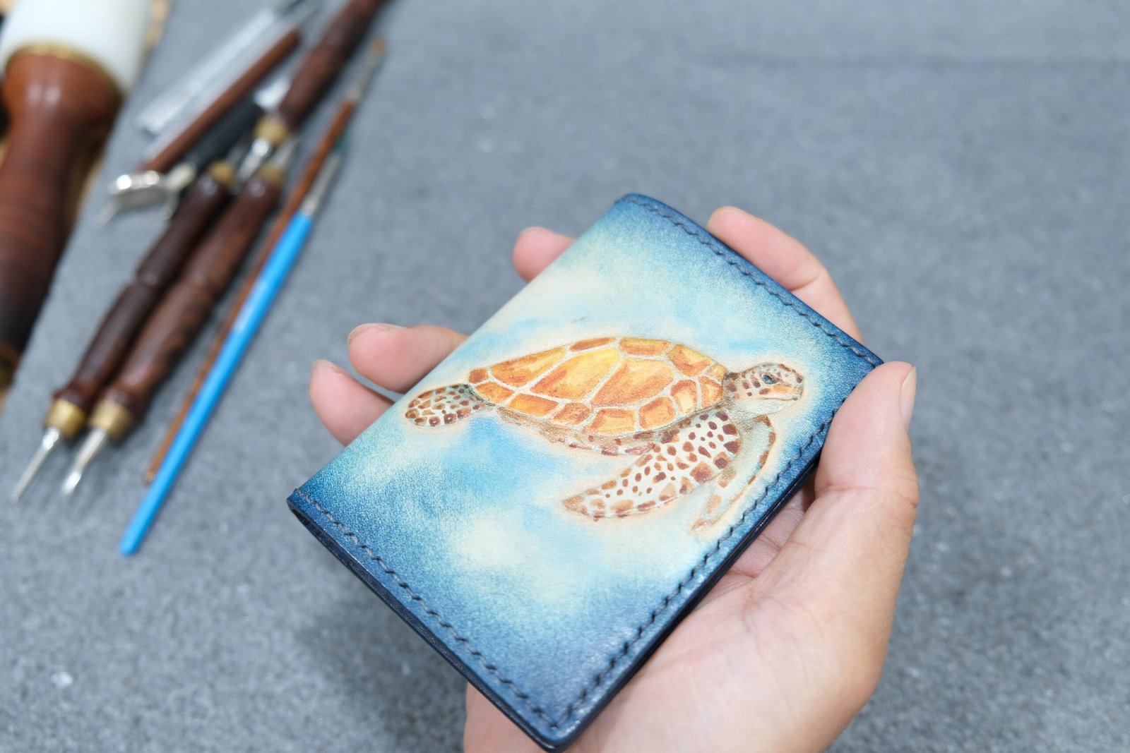 Mini Leather Wallet with Hand-Carved Sea Turtle – Handmade Leather Wallet, Leather Unique Gift - Image 4