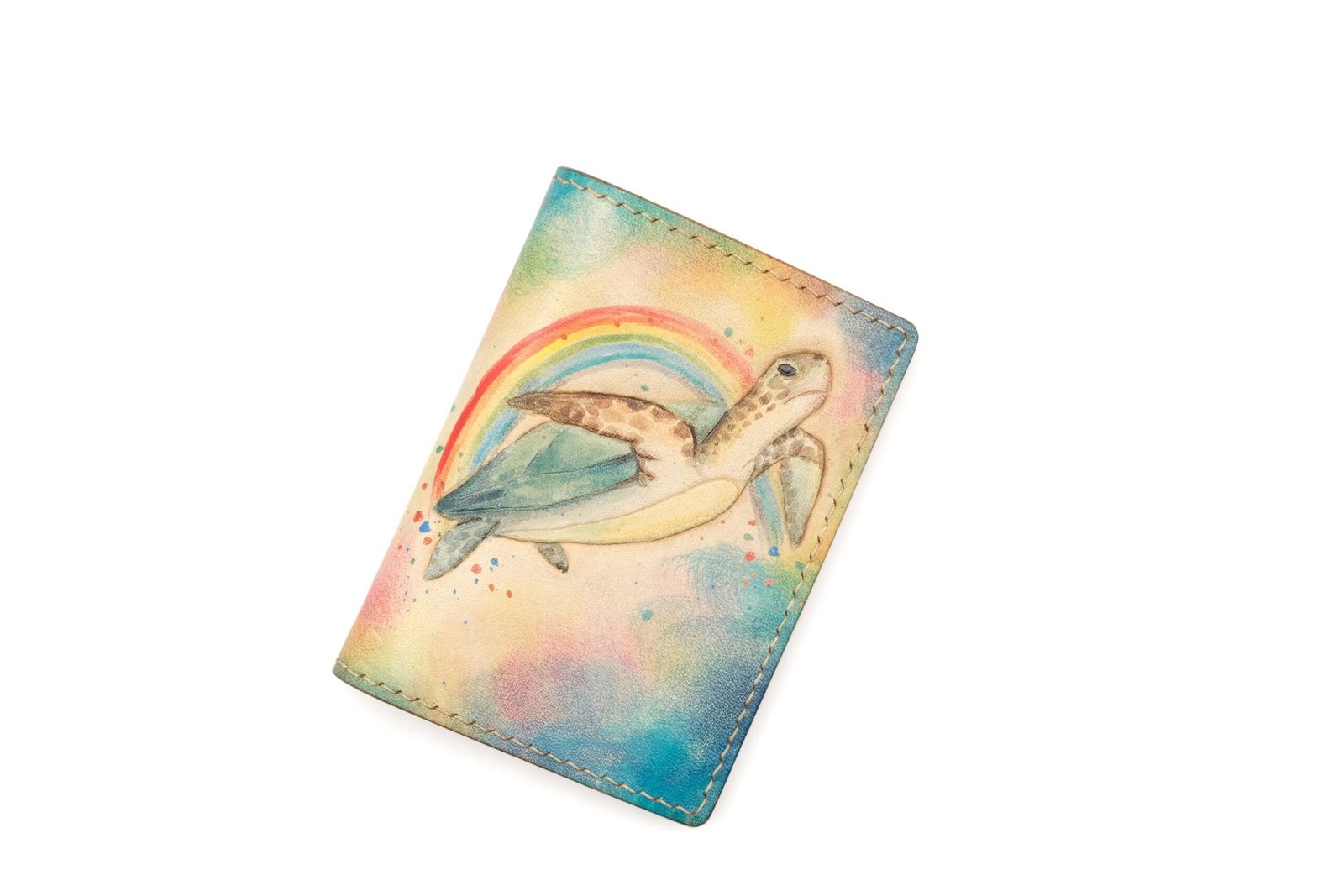 Mini Leather Wallet with Hand-Carved Sea Turtle & Rainbow – Turtle Wallet, Leather Unique Gift - Image 3