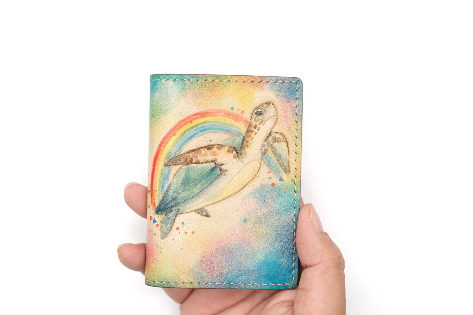 Mini Leather Wallet with Hand-Carved Sea Turtle & Rainbow – Turtle Wallet, Leather Unique Gift - Image 6