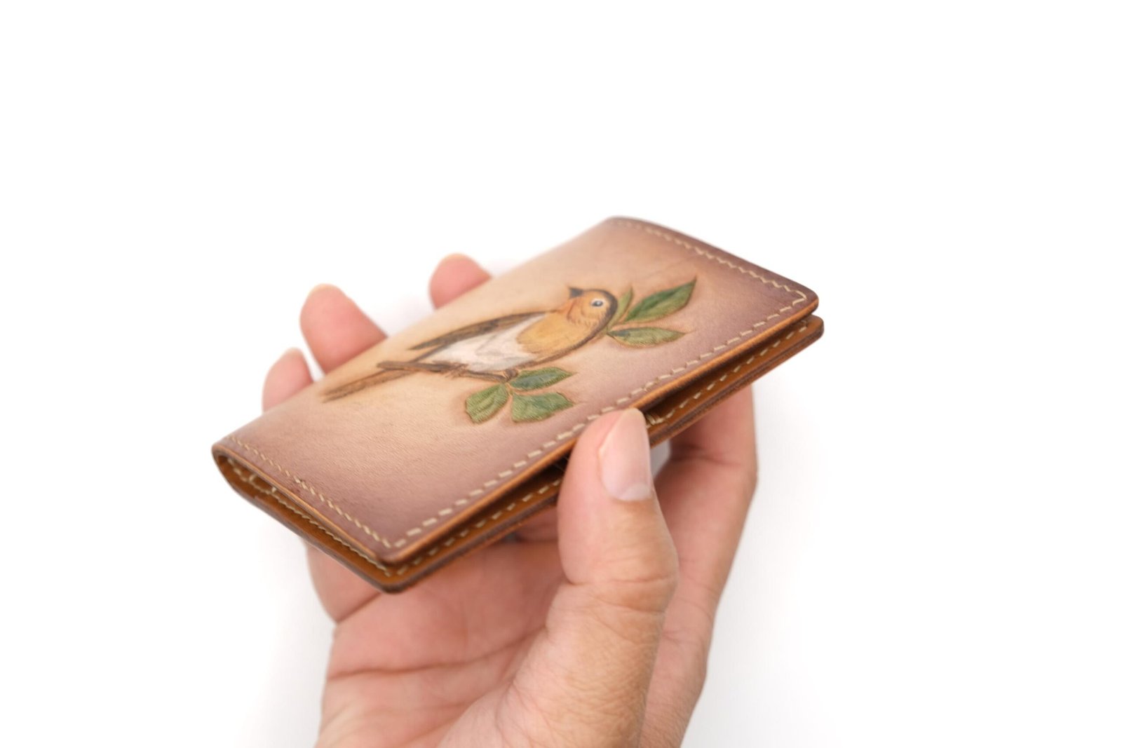 Mini Leather Wallet with Hand-Carved Songbird on Branch – Handmade Leather Wallet, Leather Wallet Gift - Image 6