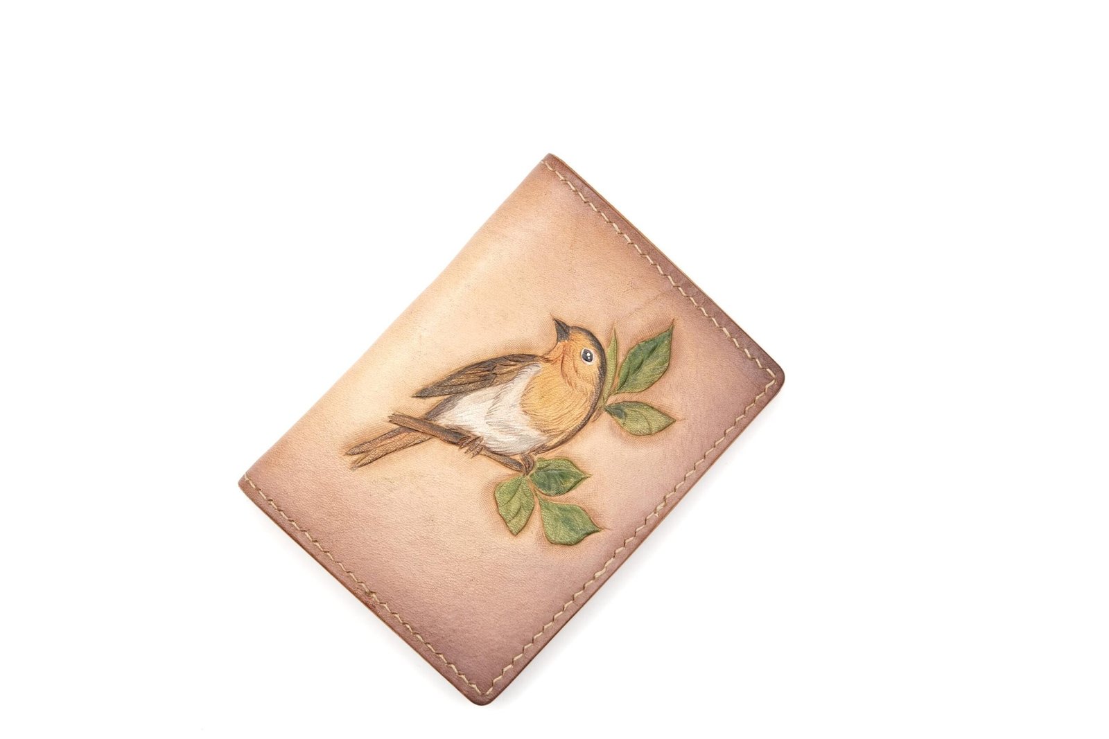Mini Leather Wallet with Hand-Carved Songbird on Branch – Handmade Leather Wallet, Leather Wallet Gift - Image 2