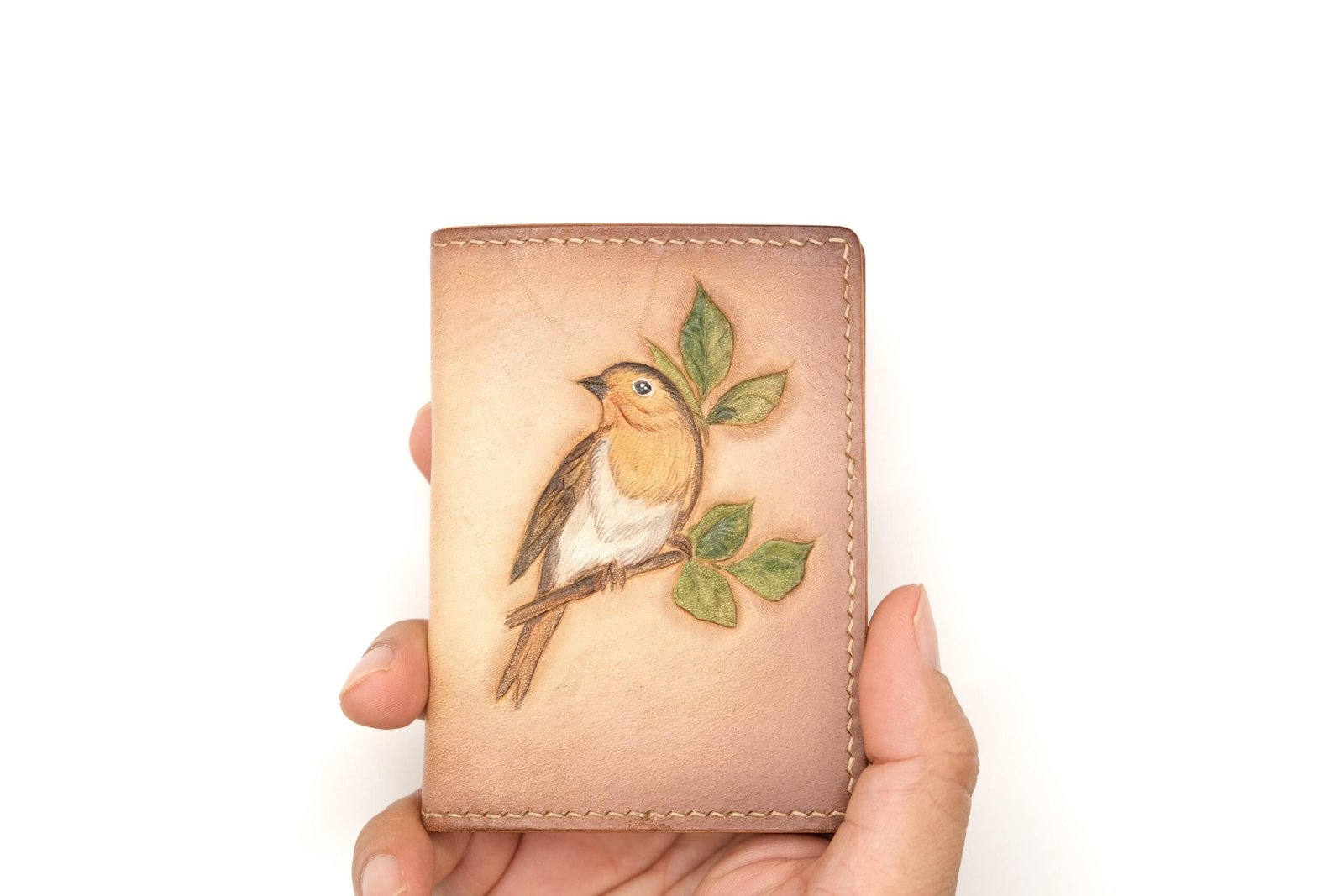 Mini Leather Wallet with Hand-Carved Songbird on Branch – Handmade Leather Wallet, Leather Wallet Gift - Image 5