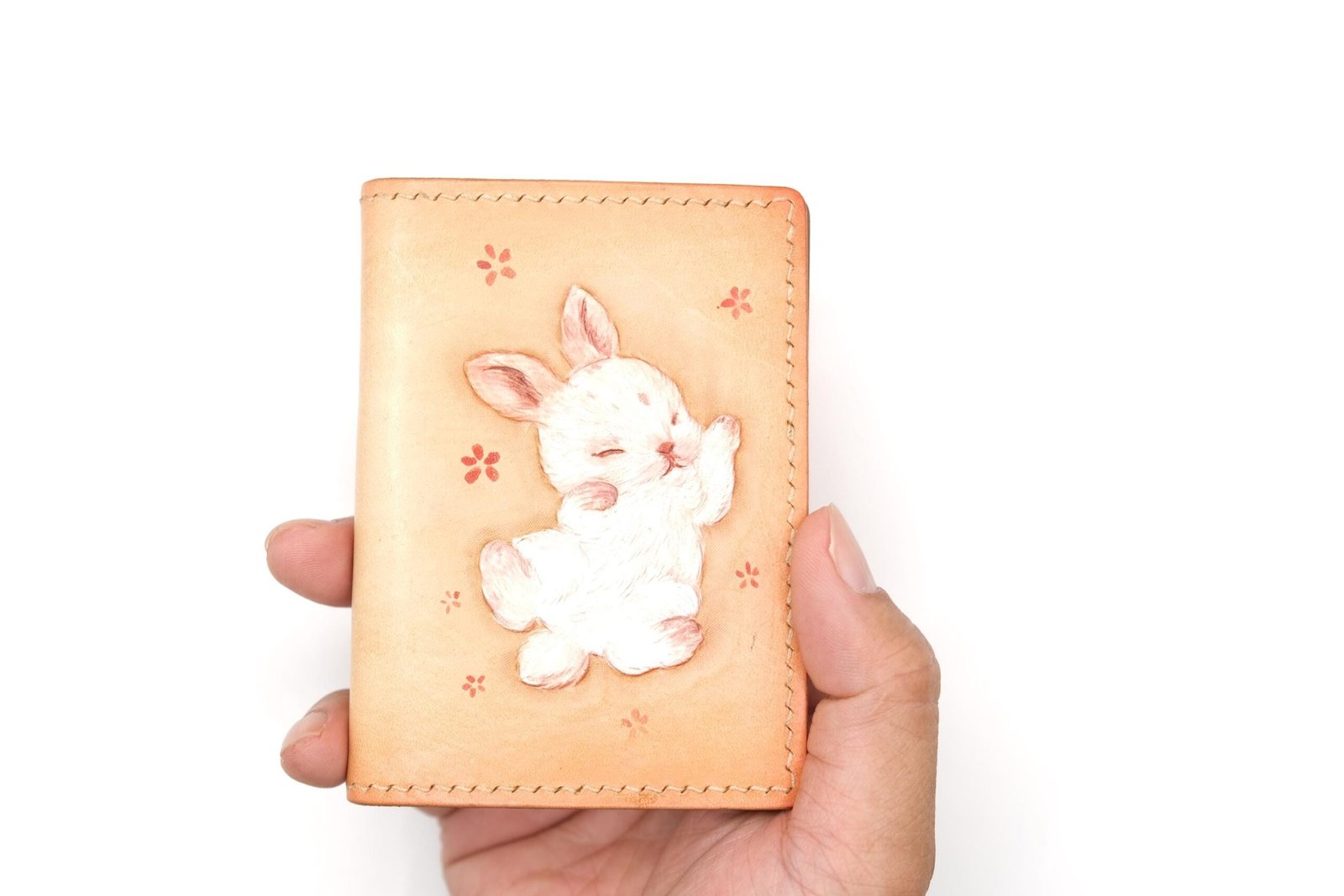 Mini Leather Wallet with Hand-Carved Bunny – Handmade Minimalist Wallet, Cute Bunny Gift - Image 4