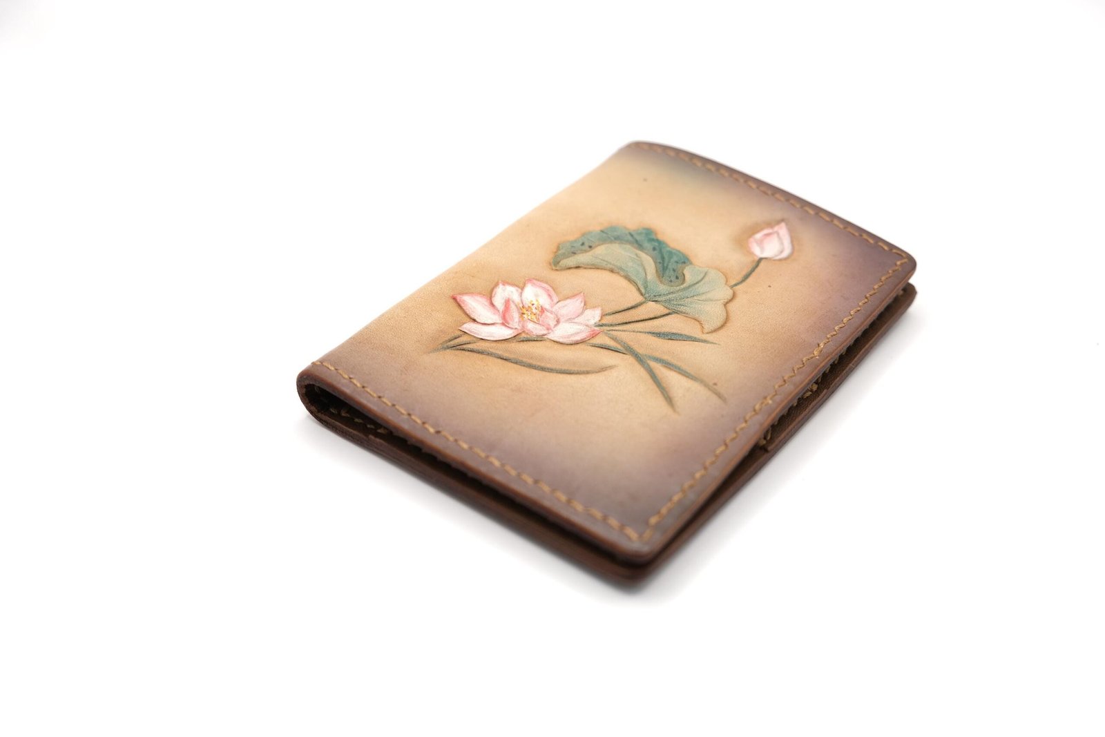 Mini Leather Wallet with Hand-Carved Lotus Flower – Handmade Leather Wallet, Minimalist Wallet, Botanical Gift - Image 2
