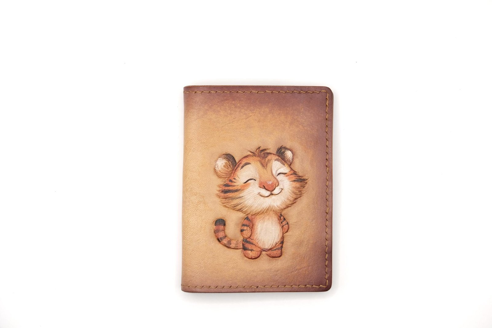Mini Leather Wallet with Hand-Carved Tiger Cub – Handmade Leather Wallet, Cute Tiger Gift