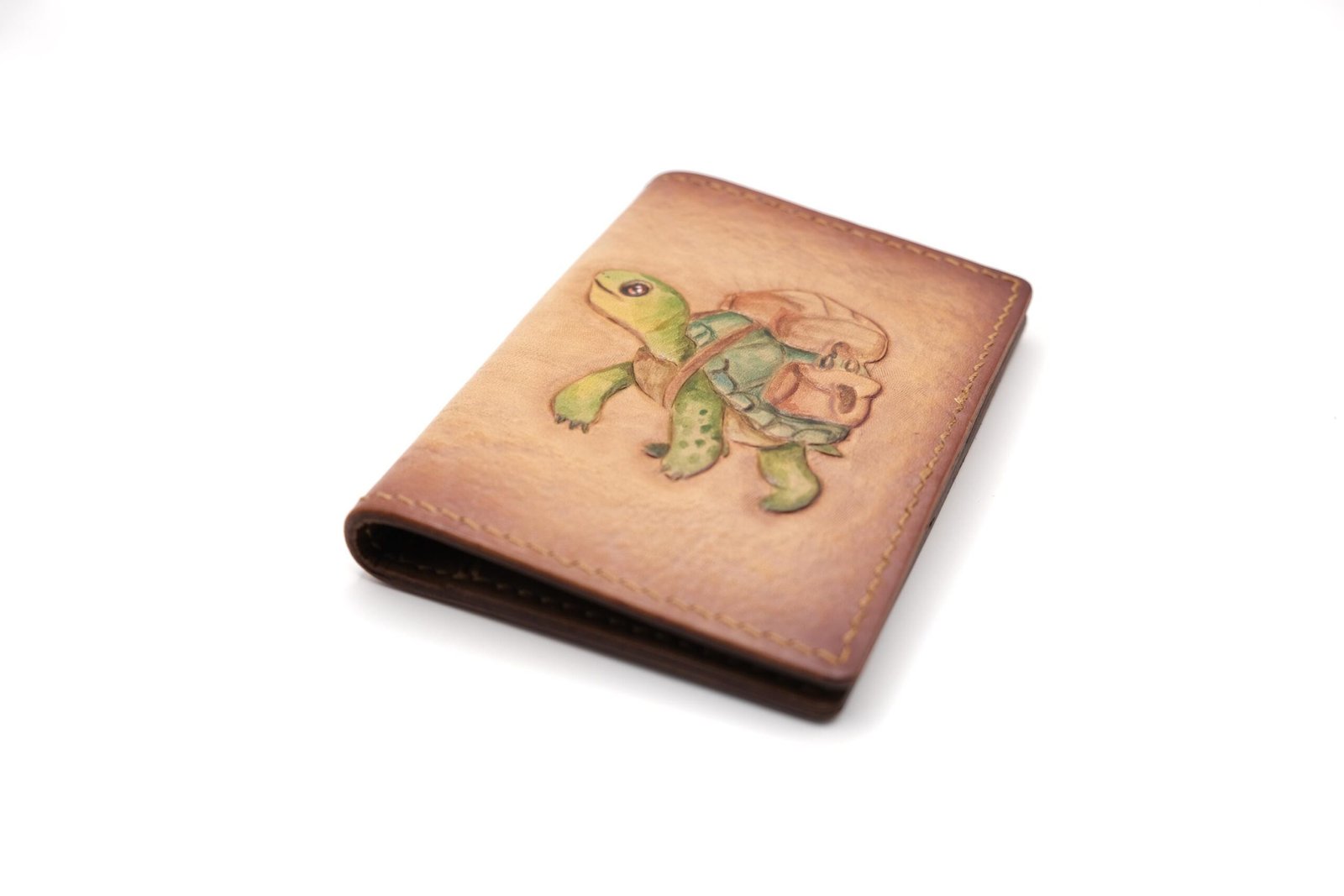 Mini Leather Wallet with Hand-Carved Turtle Traveler – Unique Handmade Gift, Unique Turtle Gift - Image 2