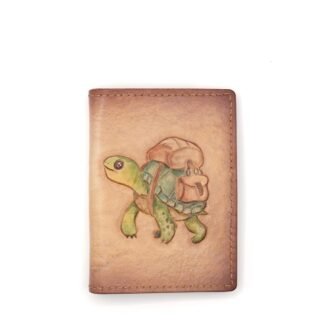 Mini Leather Wallet with Hand-Carved Turtle Traveler – Unique Handmade Gift, Unique Turtle Gift