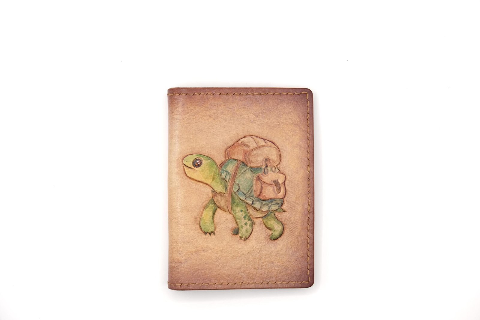 Mini Leather Wallet with Hand-Carved Turtle Traveler – Unique Handmade Gift, Unique Turtle Gift