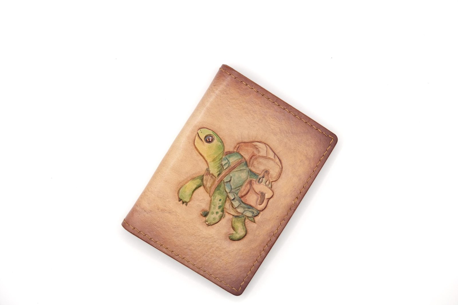 Mini Leather Wallet with Hand-Carved Turtle Traveler – Unique Handmade Gift, Unique Turtle Gift - Image 4