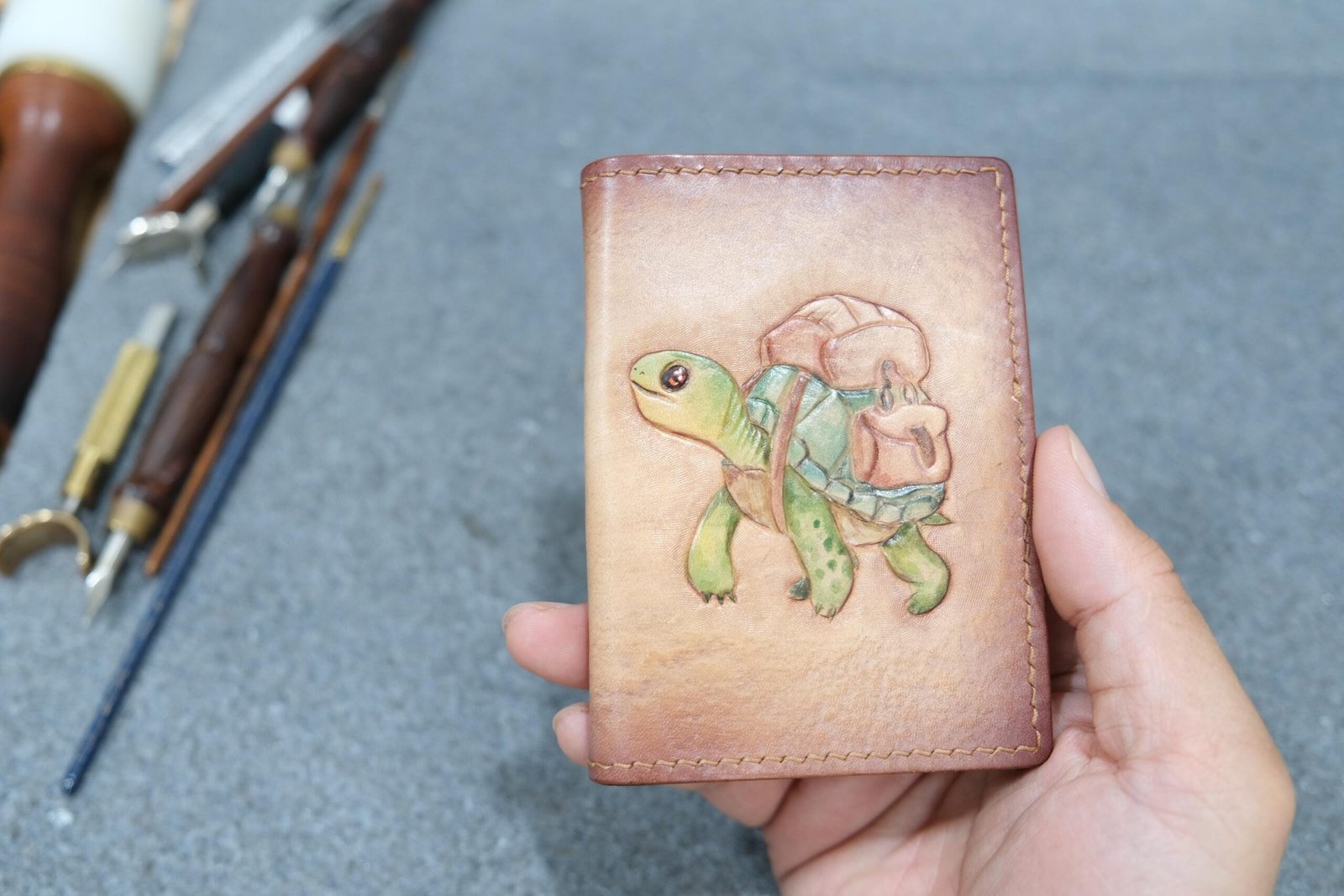 Mini Leather Wallet with Hand-Carved Turtle Traveler – Unique Handmade Gift, Unique Turtle Gift - Image 6