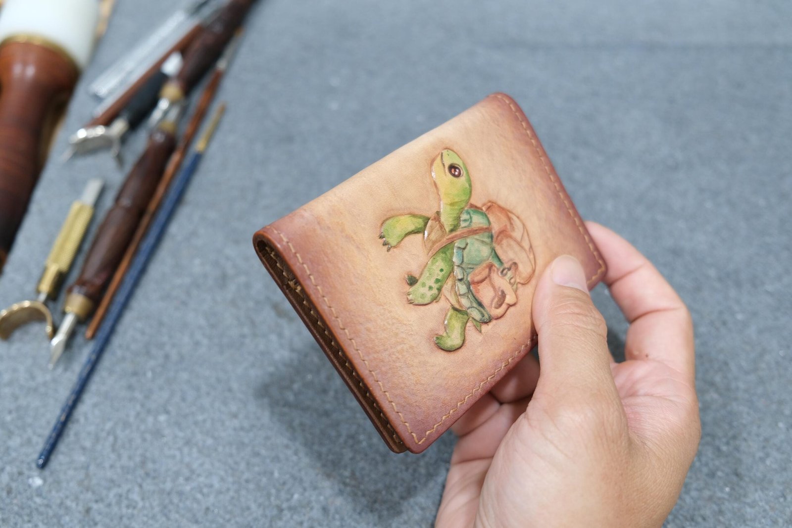 Mini Leather Wallet with Hand-Carved Turtle Traveler – Unique Handmade Gift, Unique Turtle Gift - Image 7
