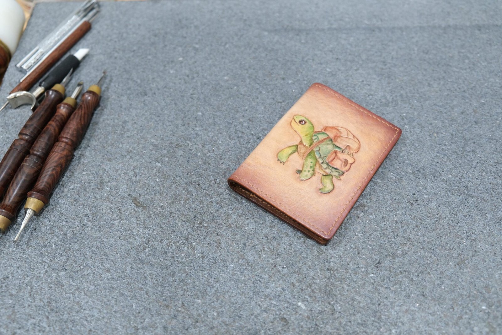 Mini Leather Wallet with Hand-Carved Turtle Traveler – Unique Handmade Gift, Unique Turtle Gift - Image 3