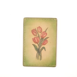 Leather Card Holder with Hand-Carved Tulips – Handmade Floral Wallet, Leather Gift for Her