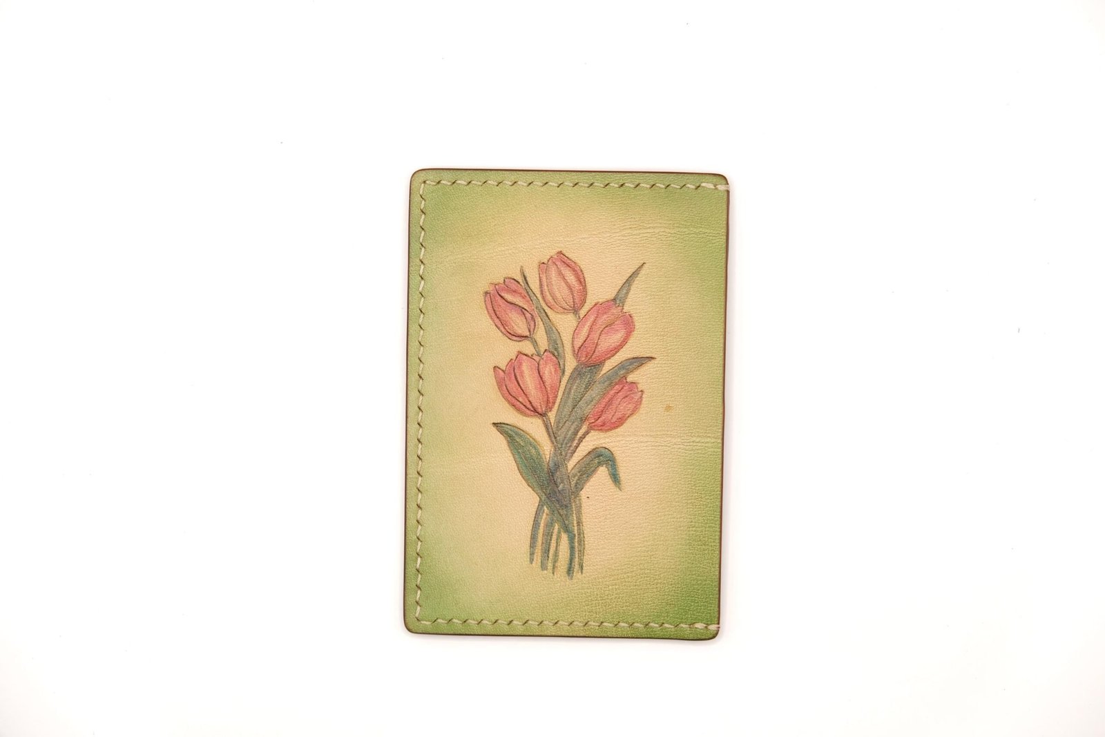 Leather Card Holder with Hand-Carved Tulips – Handmade Floral Wallet, Leather Gift for Her