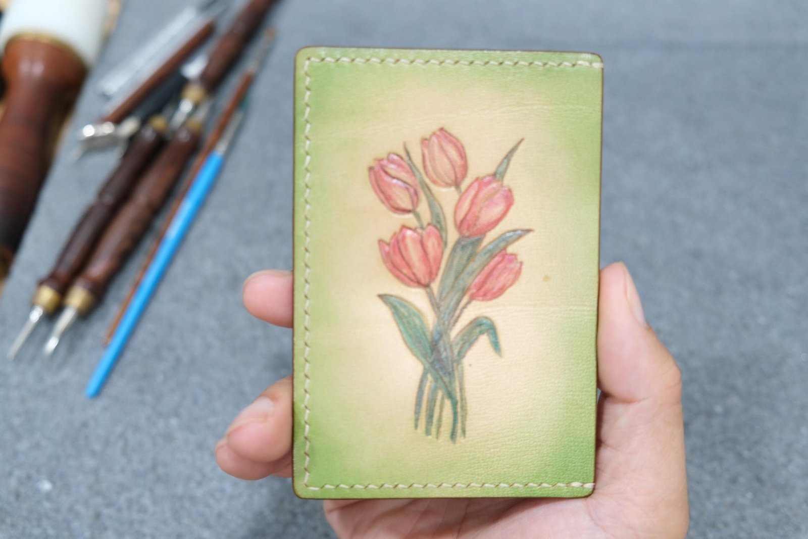 Leather Card Holder with Hand-Carved Tulips – Handmade Floral Wallet, Leather Gift for Her - Image 4