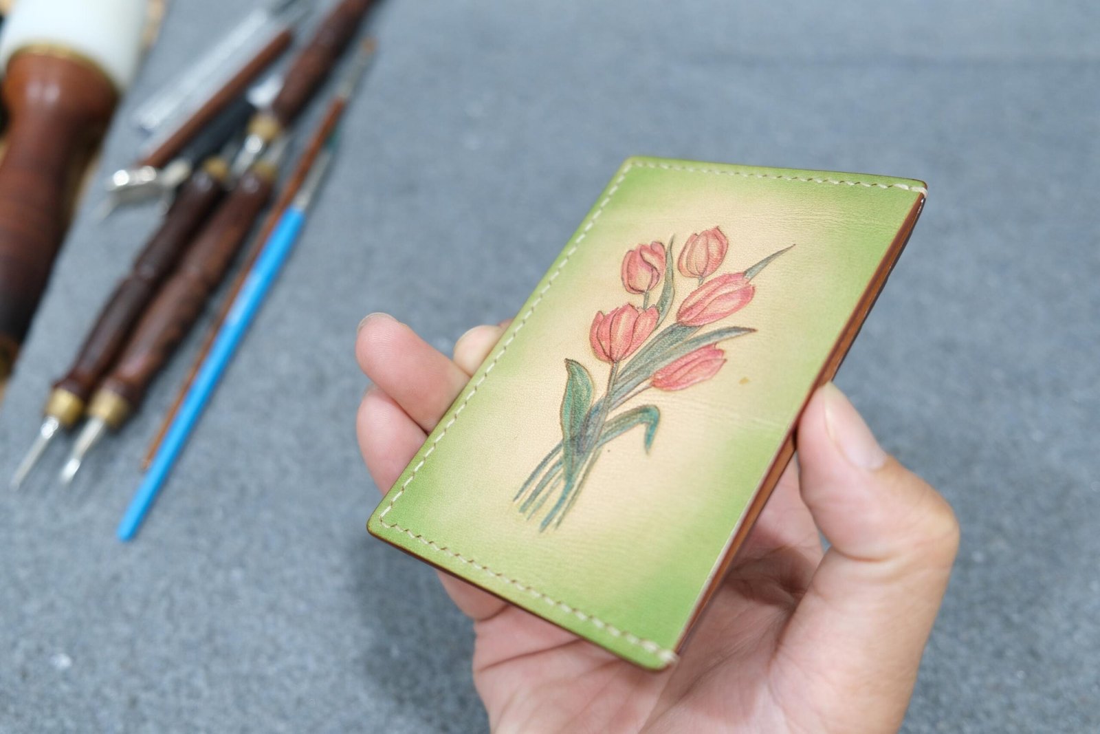 Leather Card Holder with Hand-Carved Tulips – Handmade Floral Wallet, Leather Gift for Her - Image 5