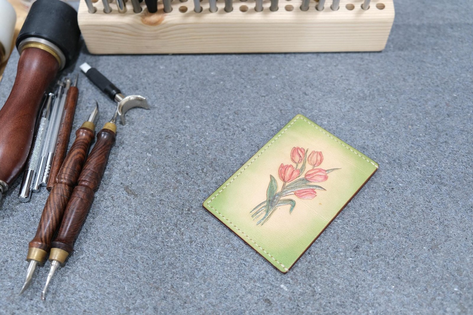 Leather Card Holder with Hand-Carved Tulips – Handmade Floral Wallet, Leather Gift for Her - Image 3