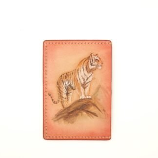Leather Card Holder with Hand-Carved Tiger – Handmade Minimalist Wallet, Strength Symbol Gift for Him