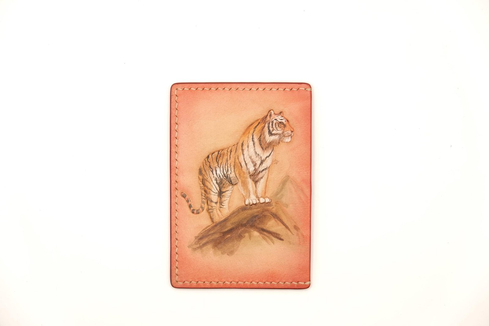 Leather Card Holder with Hand-Carved Tiger – Handmade Minimalist Wallet, Strength Symbol Gift for Him