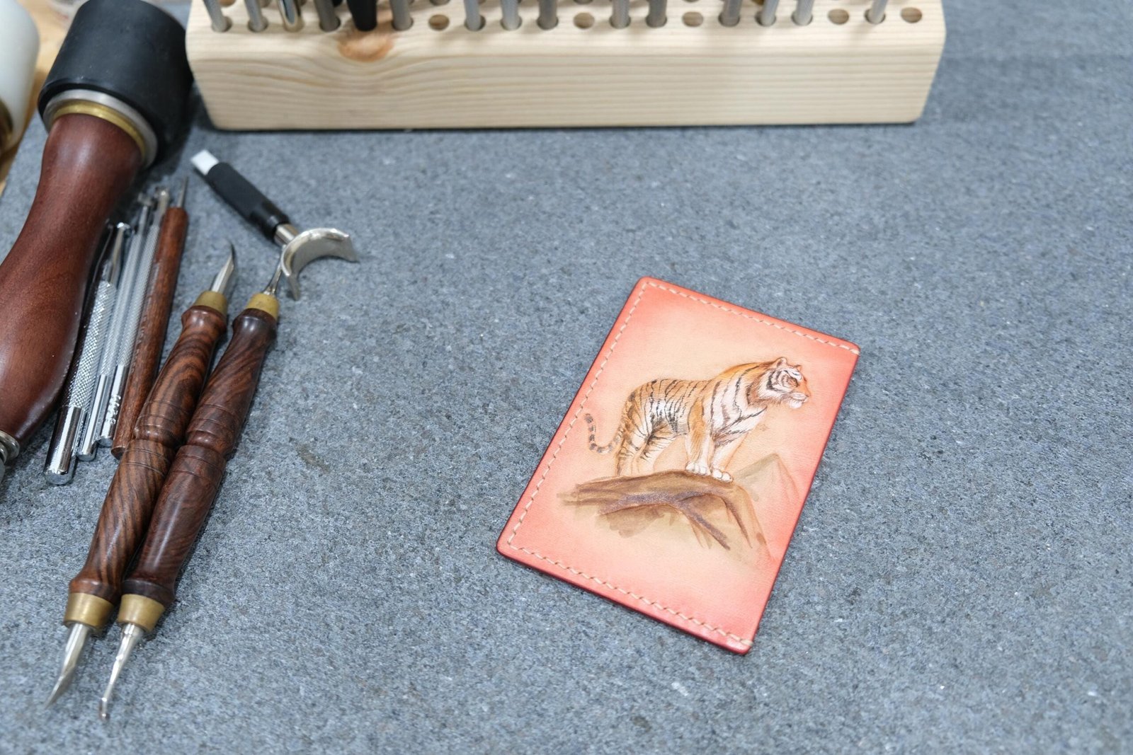 Leather Card Holder with Hand-Carved Tiger – Handmade Minimalist Wallet, Strength Symbol Gift for Him - Image 5