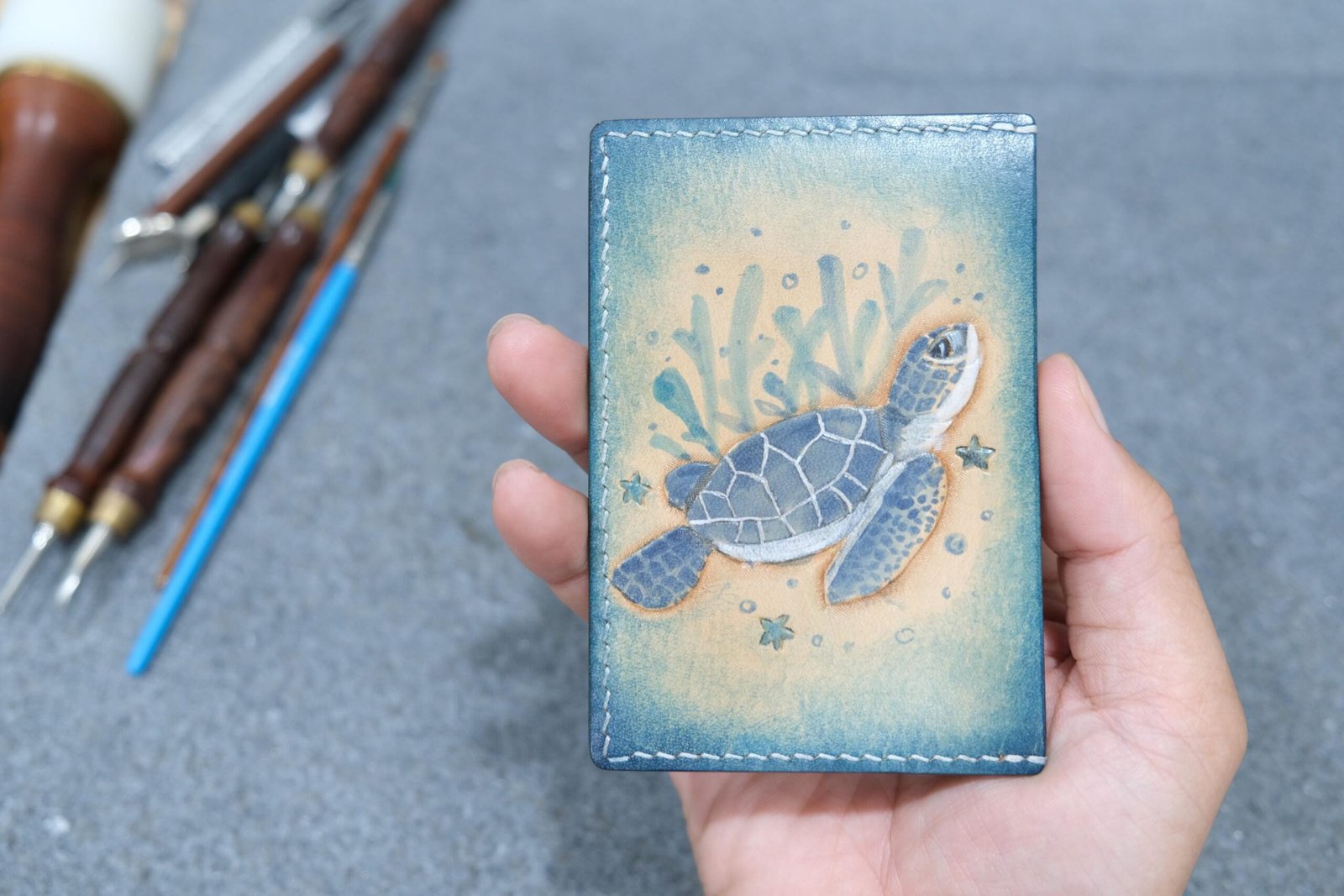 Leather Card Holder with Hand-Carved Sea Turtle – Handmade Slim Wallet, Marine Life Card Wallet - Image 4