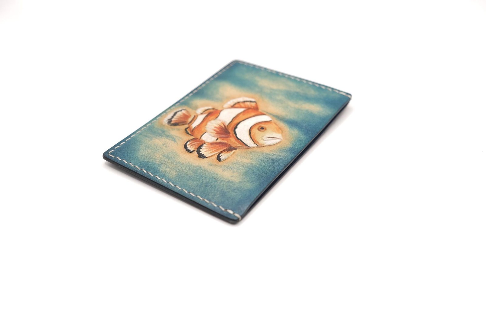 Leather Card Holder with Hand-Carved Clownfish – Ocean Art Leather Wallet, Gift for Him or Her - Image 2