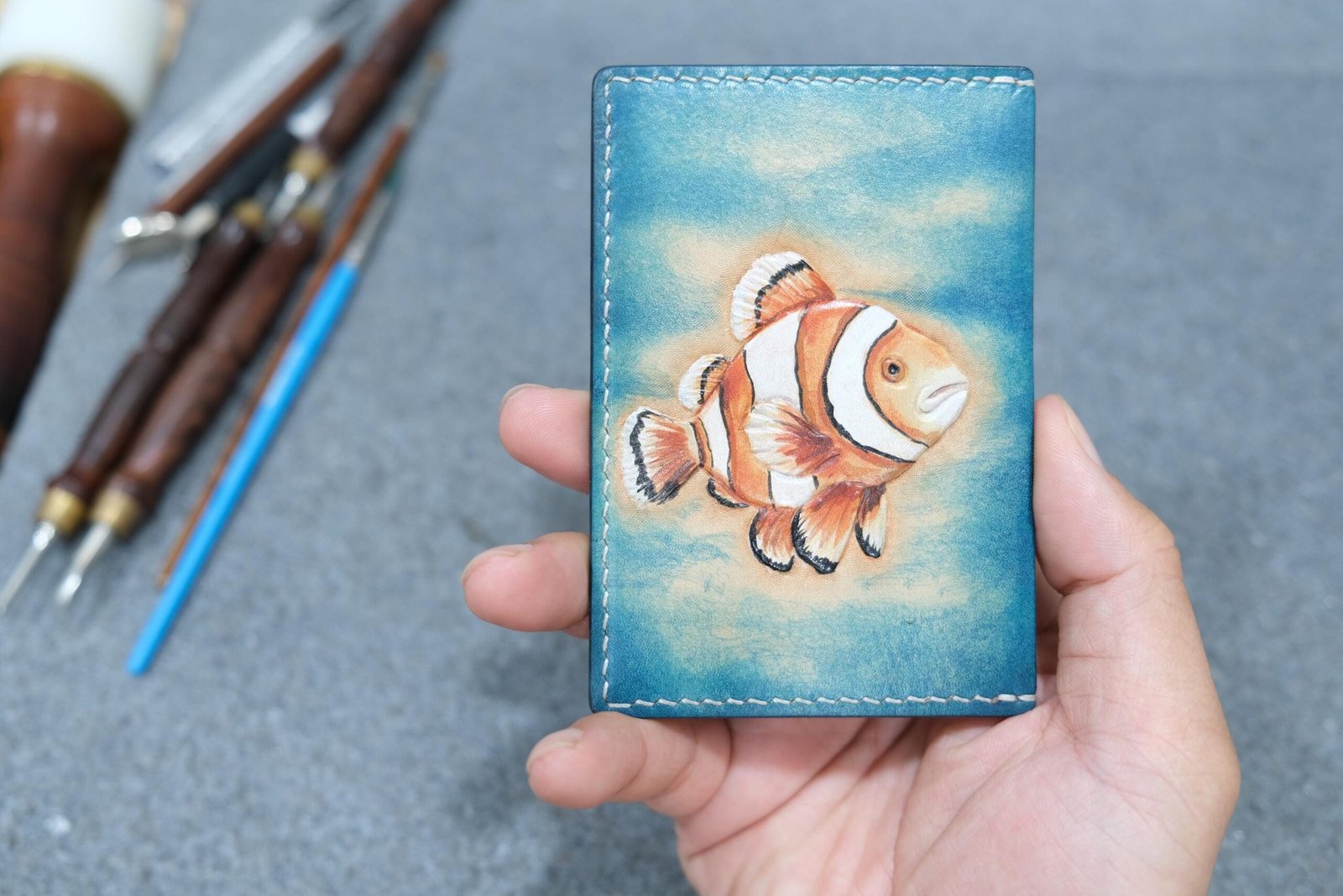 Leather Card Holder with Hand-Carved Clownfish – Ocean Art Leather Wallet, Gift for Him or Her - Image 4