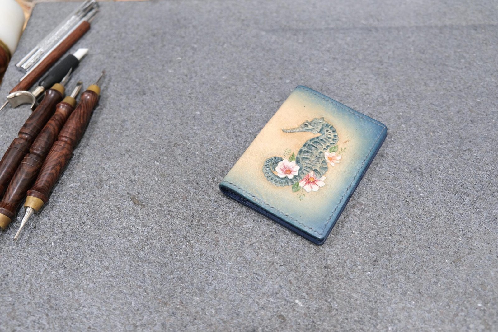 Alohaleather Hand-Carved Leather Wallet – Floral Seahorse Mini Card Wallet - Image 2