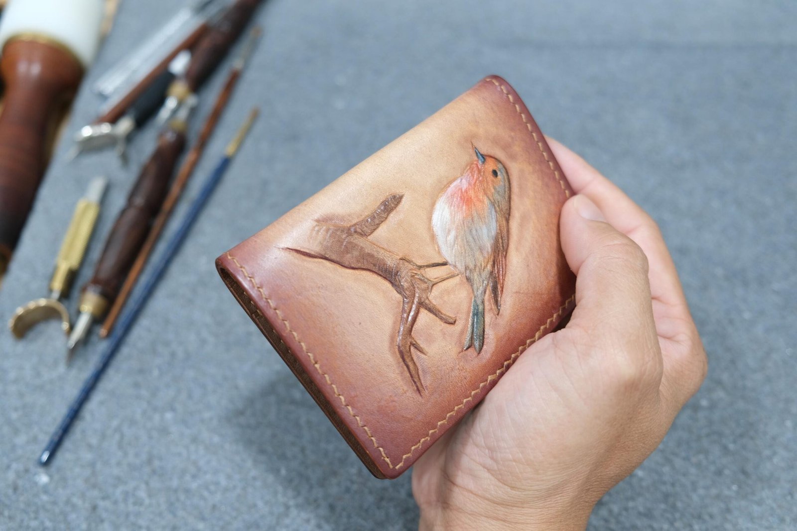 Robin on Branch Hand-carved Mini Card Wallet - Image 4