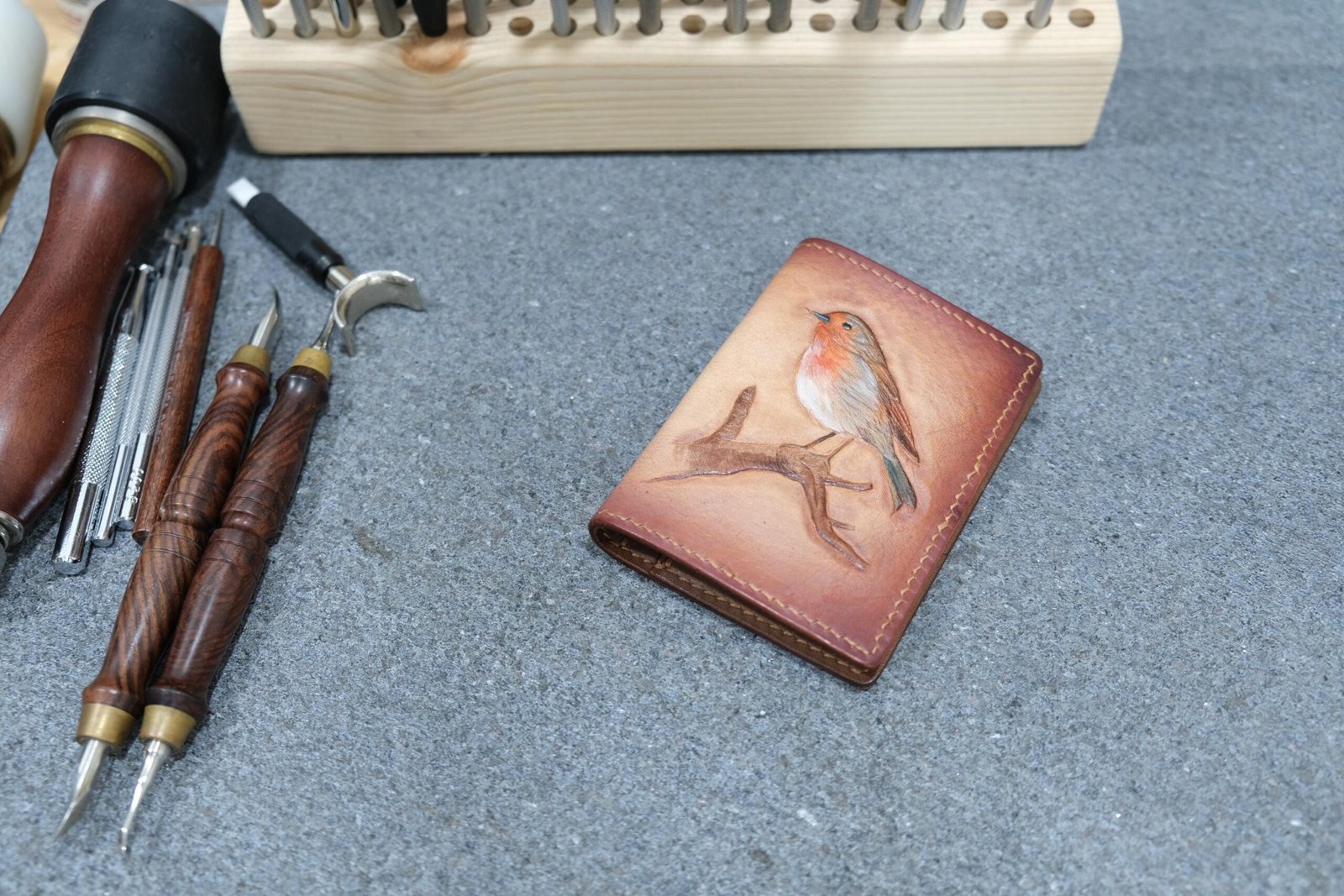 Robin on Branch Hand-carved Mini Card Wallet - Image 2