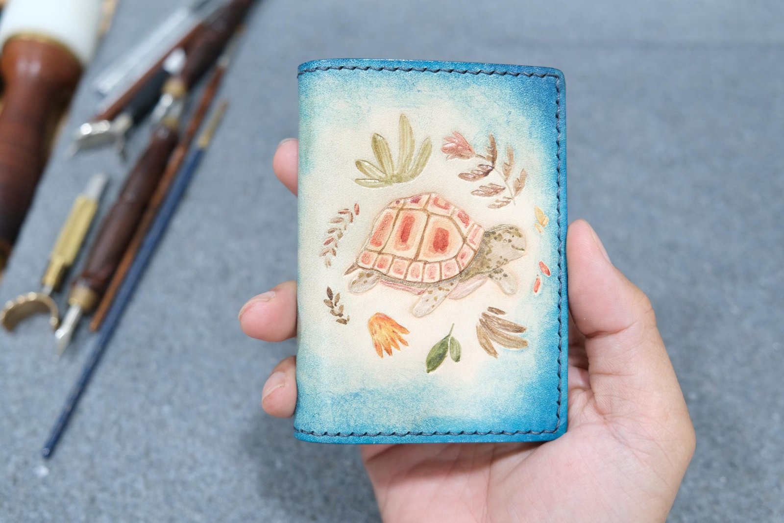 Alohaleather Hand-Carved Leather Wallet – Turtle Garden Mini Card Wallet - Image 3