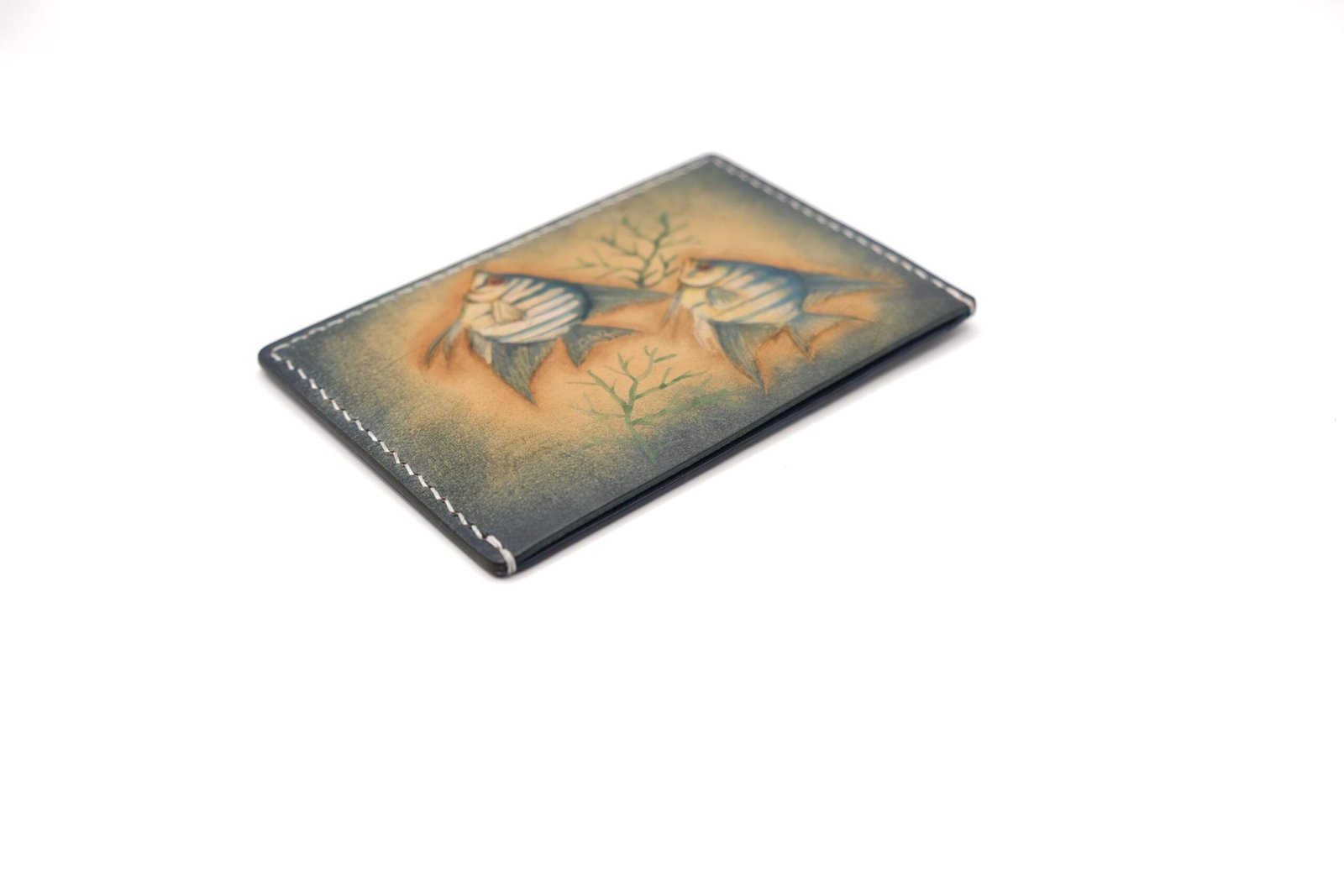 Hand-Carved Leather Card Holder with Twin Fish – Marine Gift for Him or Her - Image 2