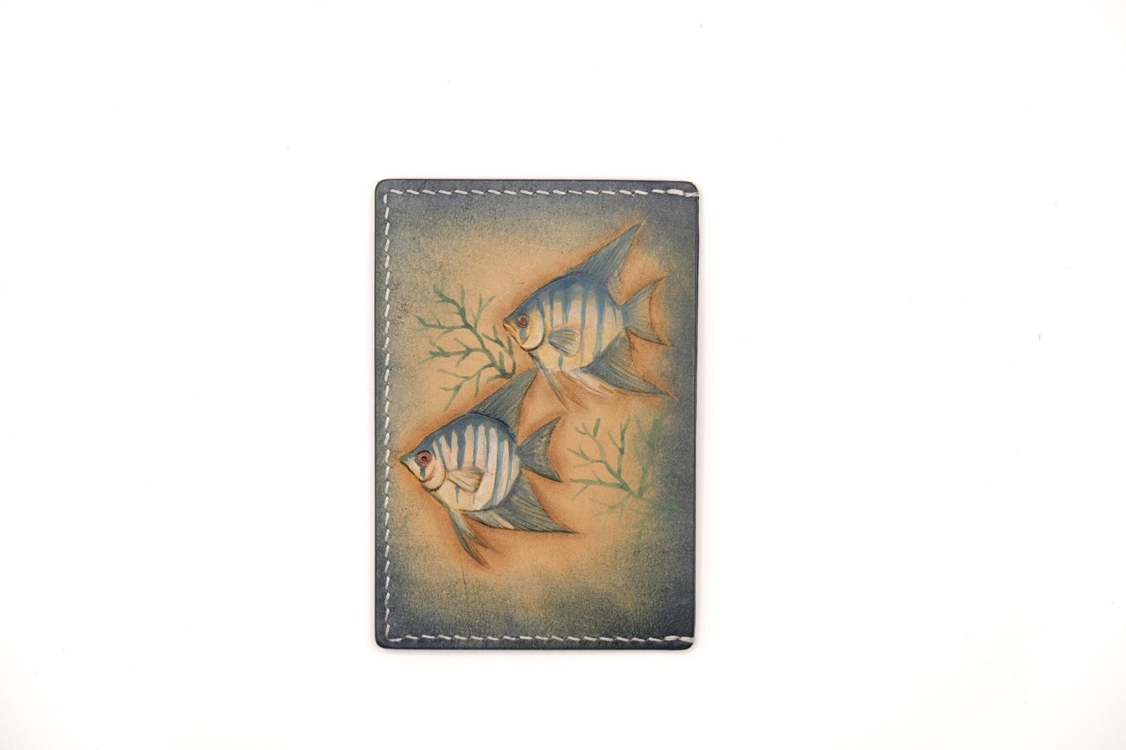 Hand-Carved Leather Card Holder with Twin Fish – Marine Gift for Him or Her