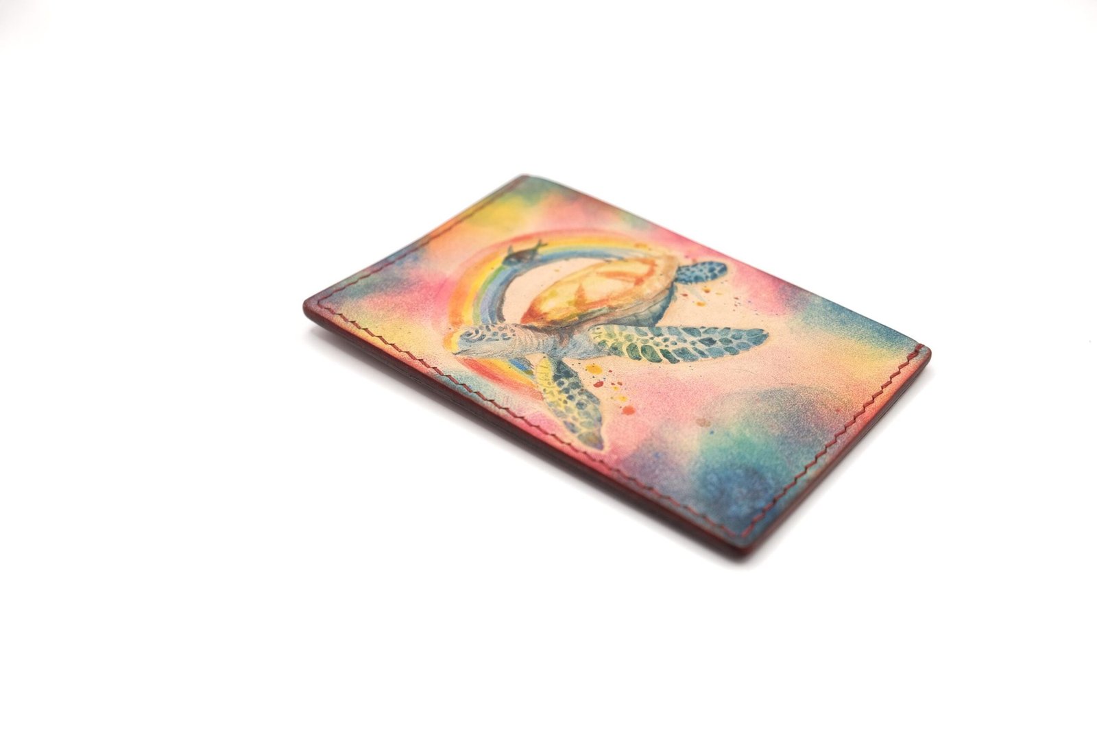 Hand-Carved Sea Turtle Leather Card Holder with Rainbow – Colorful Ocean Wallet, Hawaii Gift for Her or Him - Image 2