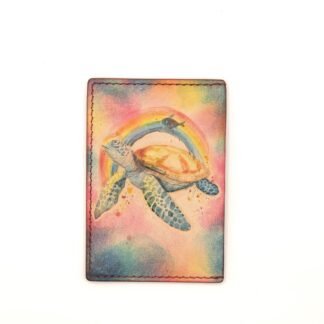 Hand-Carved Sea Turtle Leather Card Holder with Rainbow – Colorful Ocean Wallet, Hawaii Gift for Her or Him