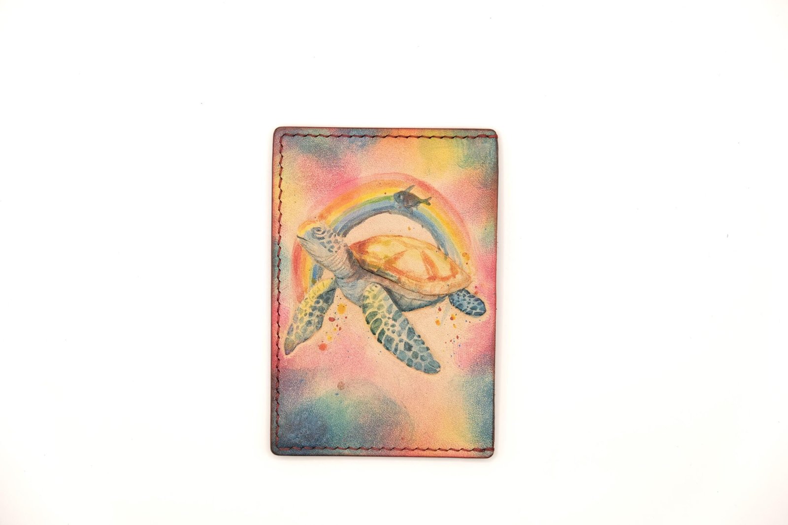 Hand-Carved Sea Turtle Leather Card Holder with Rainbow – Colorful Ocean Wallet, Hawaii Gift for Her or Him