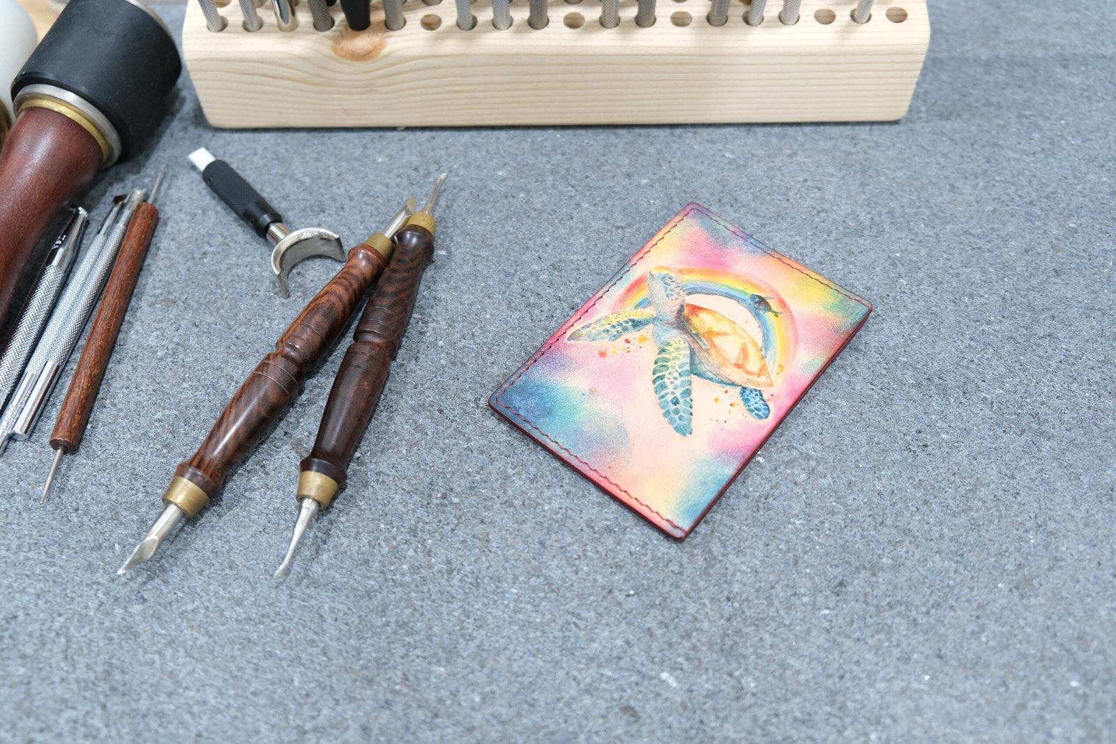 Hand-Carved Sea Turtle Leather Card Holder with Rainbow – Colorful Ocean Wallet, Hawaii Gift for Her or Him - Image 3