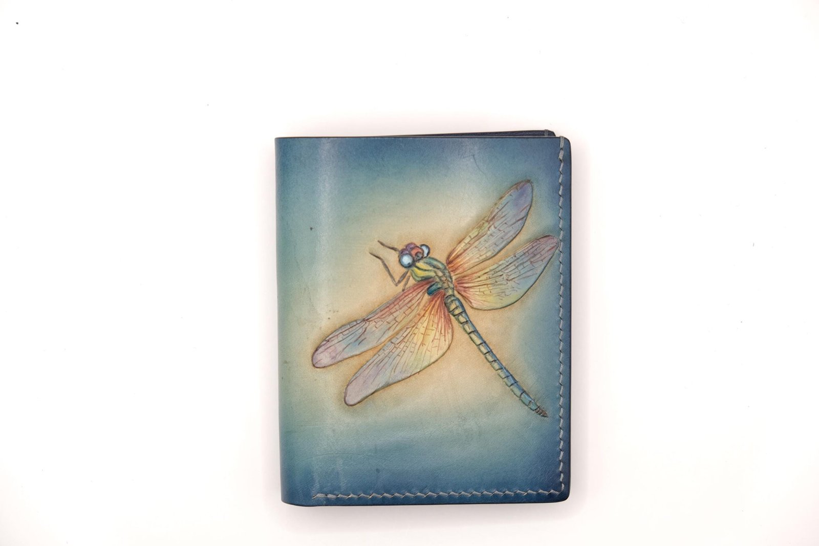 Vertical Bifold Leather Wallet with Hand-Carved Dragonfly – Handmade & Unique Leather Wallet for Her